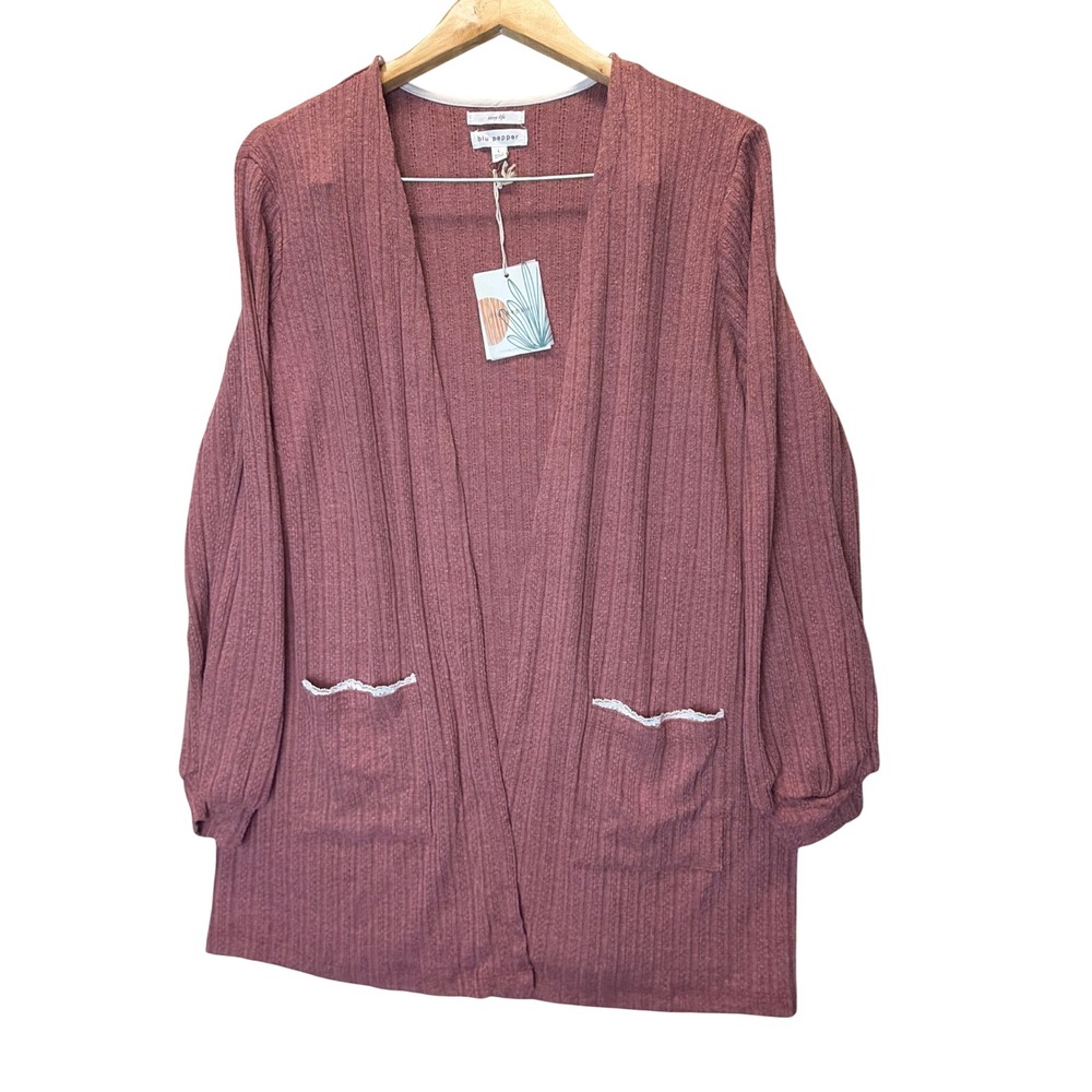 Blu Pepper Cozy Life Pink Ribbed Cardigan Lace Trim Pockets CR1301-J L